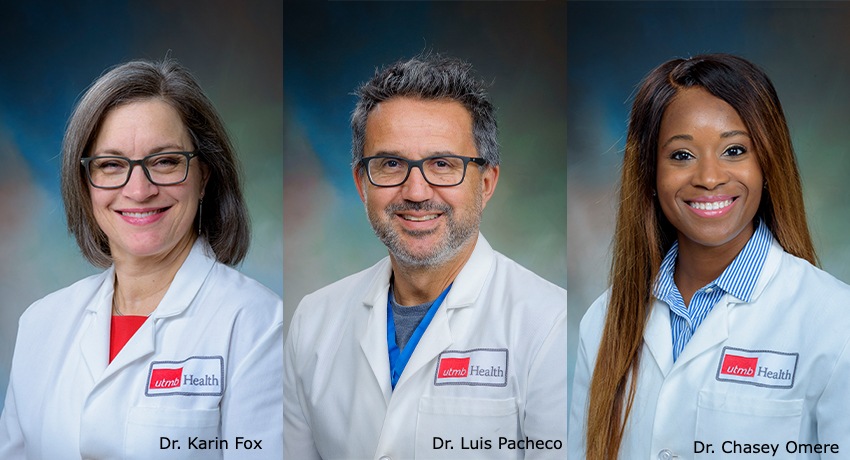 Composite image of doctors Fox, Pacheco and Omere in white lab coats
