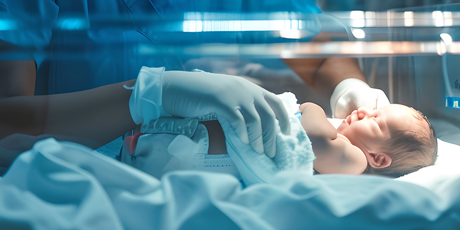image of baby with gloved clinician hands tending to them