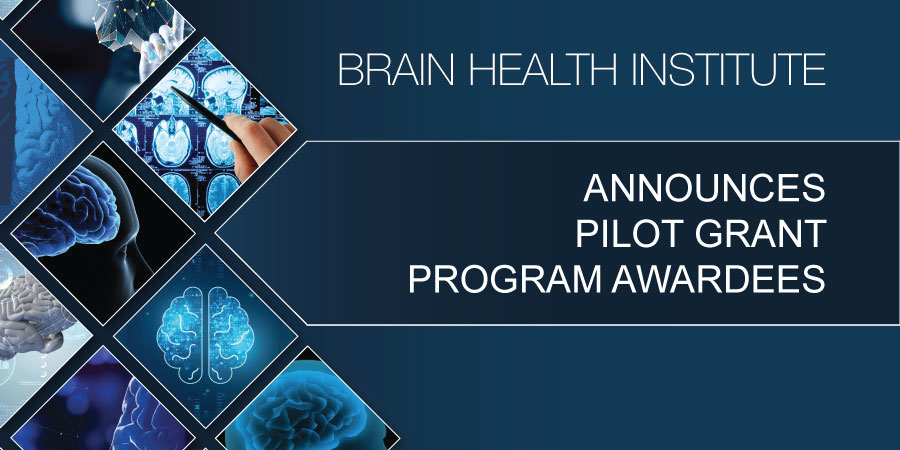 deep teal blue banner with diamond frames with images of brain scans in them and the text "Brain Health Institute Announces Pilot Grant Program Awardees" on the right