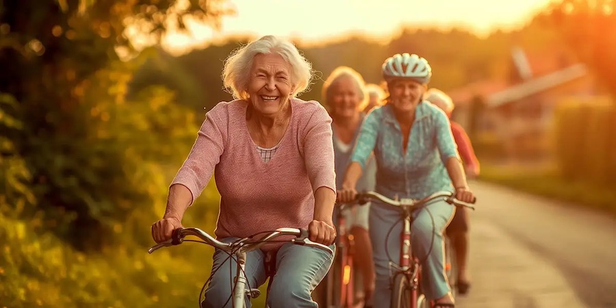 elderly women riding bikes at golden hour