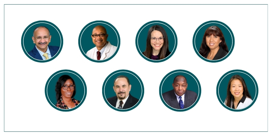 Graphic displaying eight circular portraits arranged in two rows to represent the inaugural UTMB Faculty Excellence Award winners.