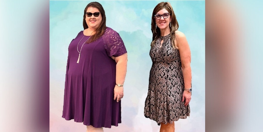 Side-by-side full-length photos of the same individual against a soft blue background, showing a larger body size on the left wearing a purple dress and a smaller body size on the right wearing a patterned dress