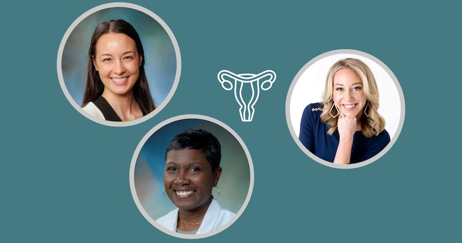 teal banner with three round photo frames featuring headshots of smiling women