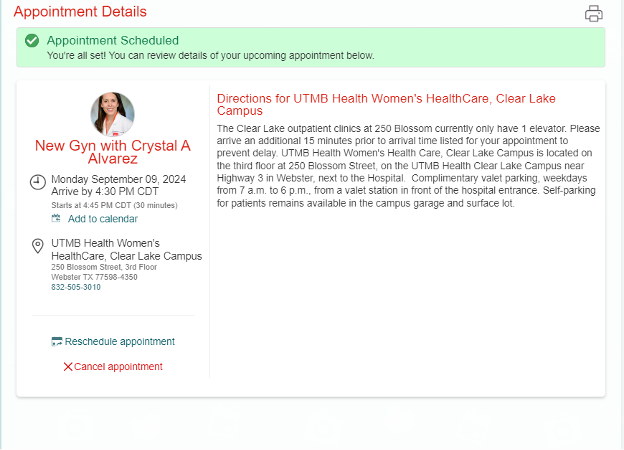 MyChart Scheduled Appointment Details
