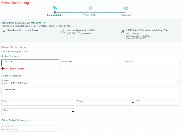 MyChart Scheduling Patient Details