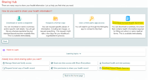 School Health Summary Sharing Hub