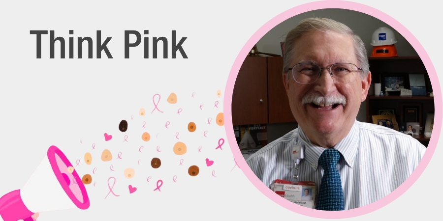 "Think Pink" banner image with a bull horn blowing pink breast cancer ribbons and other icons in the direction of a round, pink photo frame that has a headshot of a caucasian, smiling man who is wearing glasses and a tie