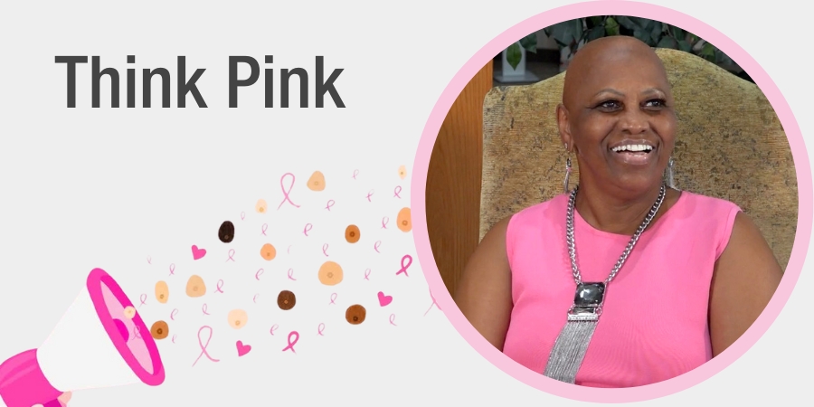 banner image that has a bullhorn with breast health ribbons and icons and a round photo from with a pink border - inside is a smiling black woman wearing a pink dress. the words "Think Pink" are written in the top left corner