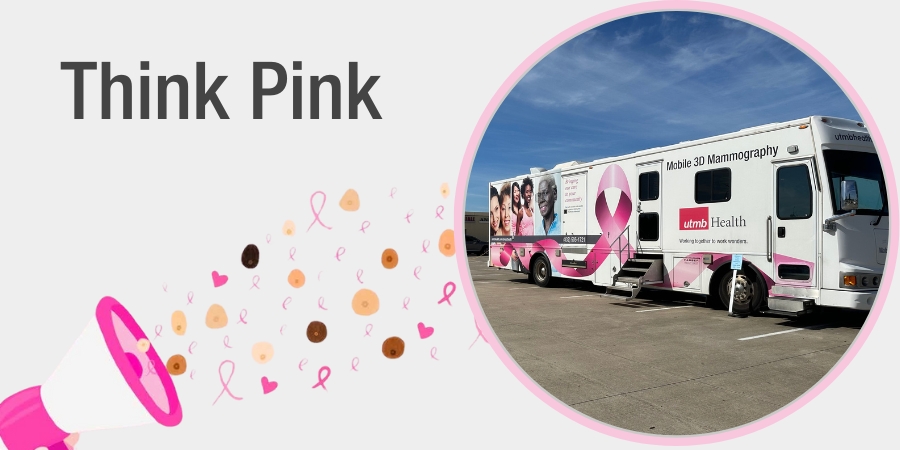 image with icon bull horn blowing breast health ribbons and other icons toward round photo frame that has a pink frame around an image of the utmb mobile 3d  mammography  unit . the words "Think Pink" are written in the top left corner of the image