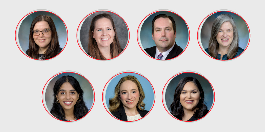 headshot images of seven individuals. they are in round frames that have red and light blue accents and are set against a taupe background