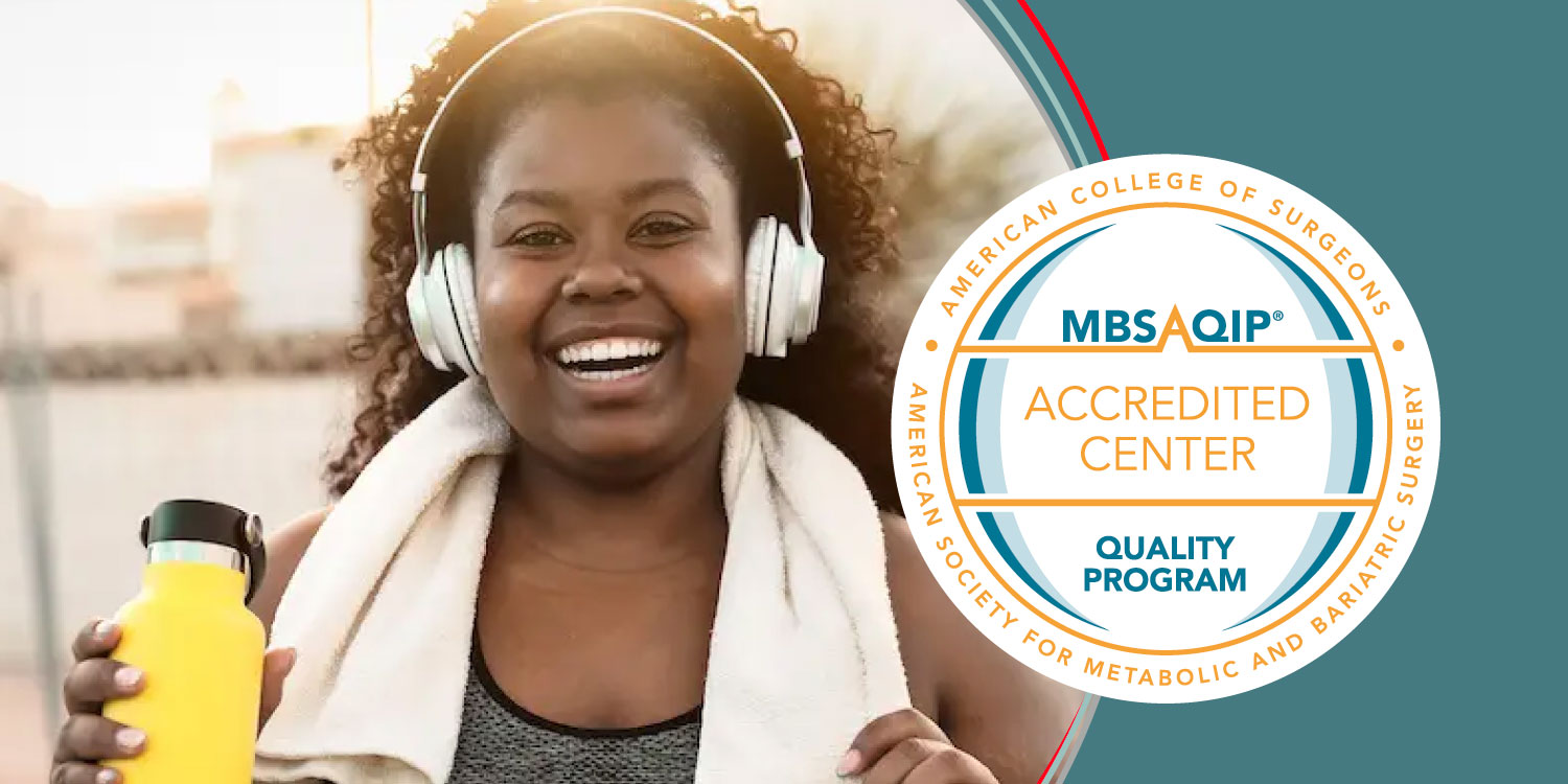 Graphic showing a person holding a water bottle with a towel around the neck next to the MBSAQIP Accredited Center Quality Program seal.
