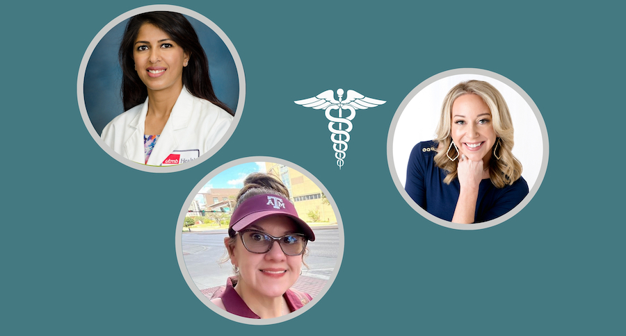 Three circular headshots arranged on a teal background. A medical symbol appears in the center.