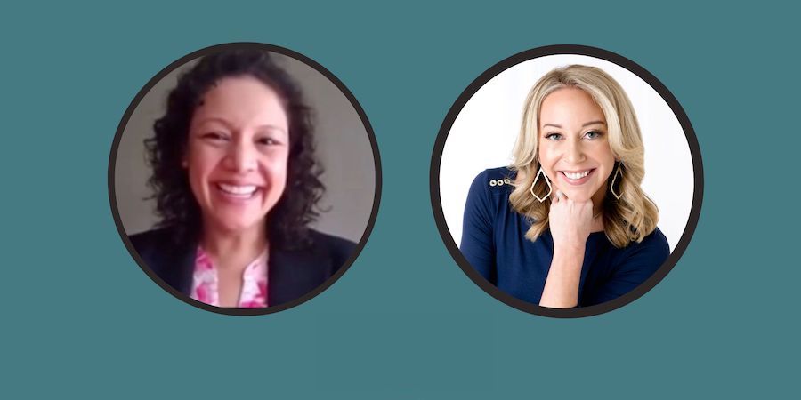 Two circular headshot images appear side by side on a teal background, showing two adults facing forward during an interview