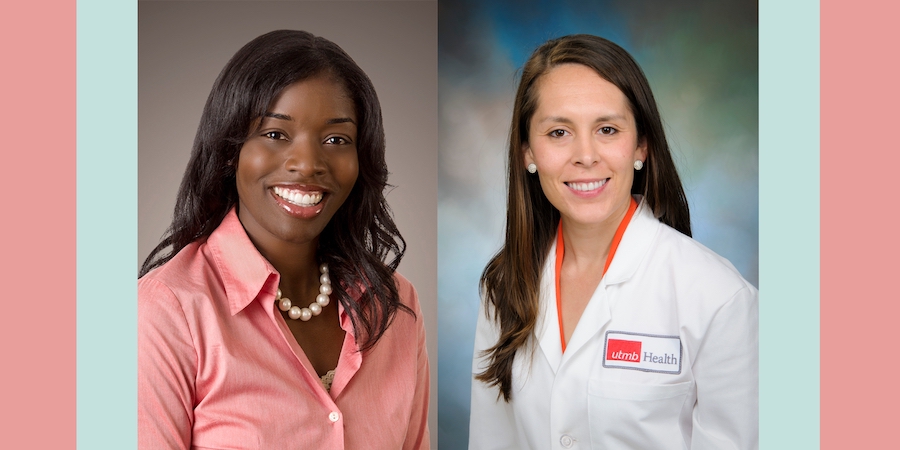 web banner with headshot image of UTMB Health radiologist Dr. Angelica Robinson, a black, smiling woman wearing pearls, a pink button down shirt positioned next to headshot of a smiling Dr. Crystal Alvarez, obgyn wearing a white coat and pearl earrings