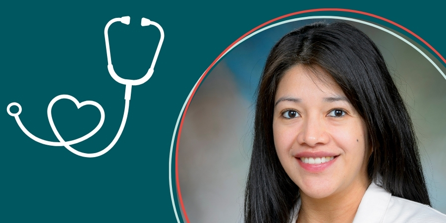 Headshot of a health care provider wearing a white lab coat over a blush‑colored top, shown from the chest up against a teal graphic background with a stethoscope illustration