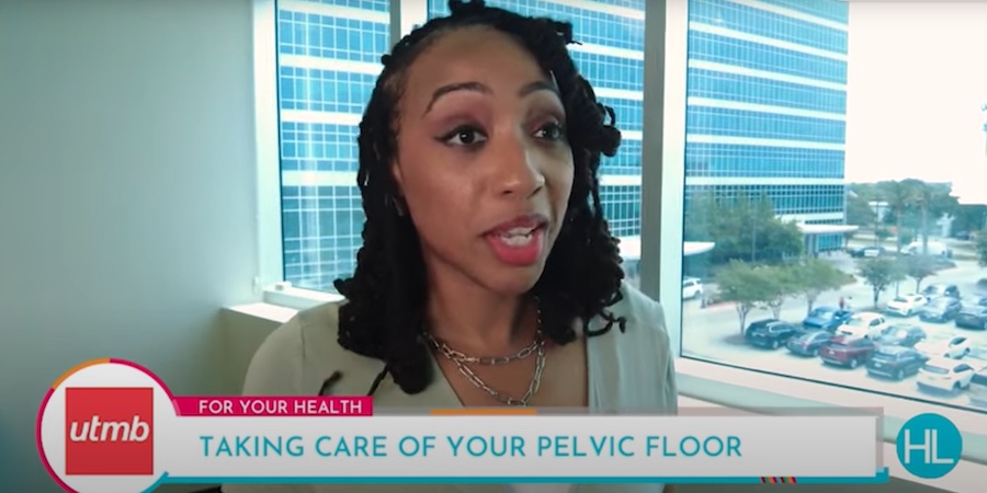A clinician appears on screen during a television interview, speaking from an indoor setting with large windows in the background. A lower‑third graphic reads “For Your Health: Taking Care of Your Pelvic Floor.”