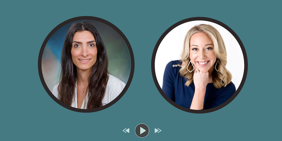 headshot image of utmb cardiologist dr. danielle el haddad alongside a headshot of meagan clanahan from houston moms, both featured in round frames above a standard play button on a dark teal background