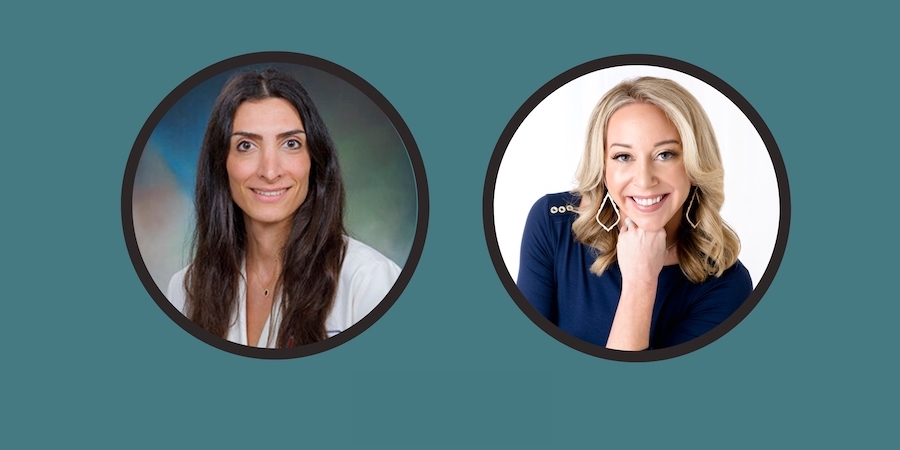 Two side‑by‑side headshots show UTMB Health cardiologist Dr. Danielle El Haddad on the left and Meagan Clanahan of Houston Moms on the right, representing a discussion on maternal heart health and cardio‑obstetrics care