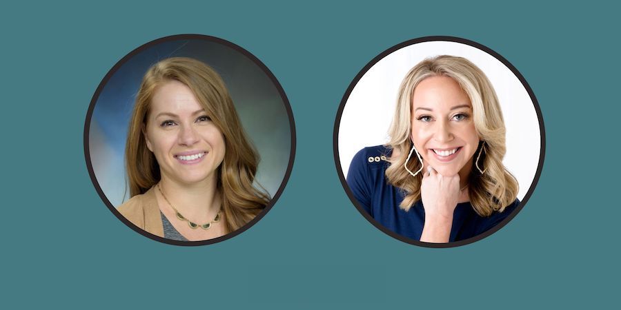 headshots of two caucasian females in round frames placed on teal background