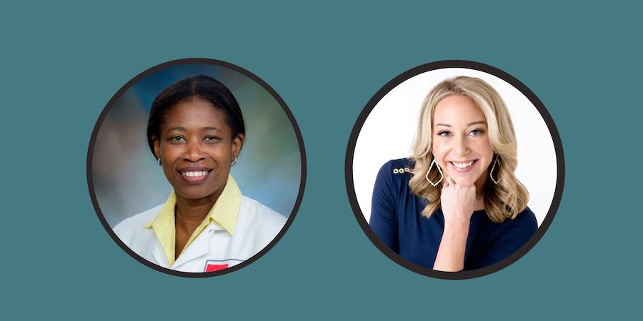 teal background with headshots of two women in round frames - both are smiling. the woman on the left is African American wearing a white coat the the woman on the right is caucasian.