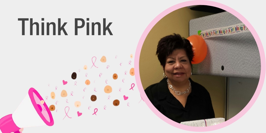 image with bull horn icon spraying breast health ribbons and images toward a round photo frame that has an image of a hispanic female, smiling wearing a dark colored shirt with dark hair. there's text in the top left corner that says "think pink"