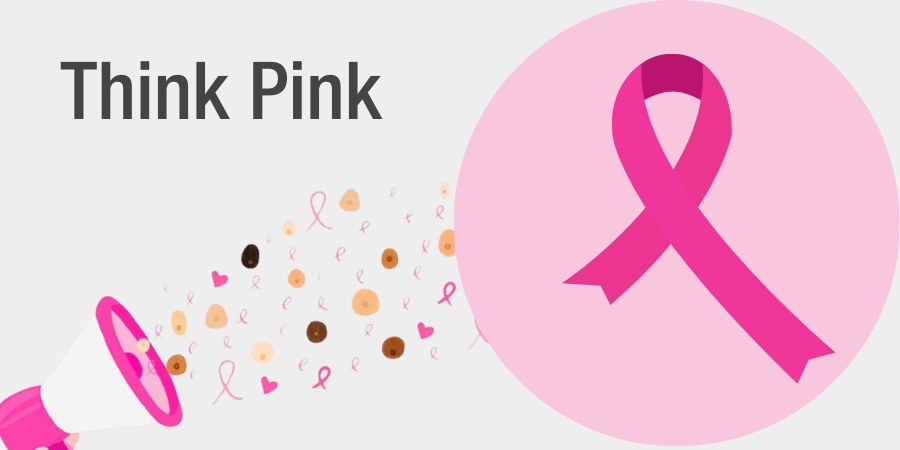 bull horn spraying breast health icons - pointing toward a large pink circle with a dark pink ribbon in it