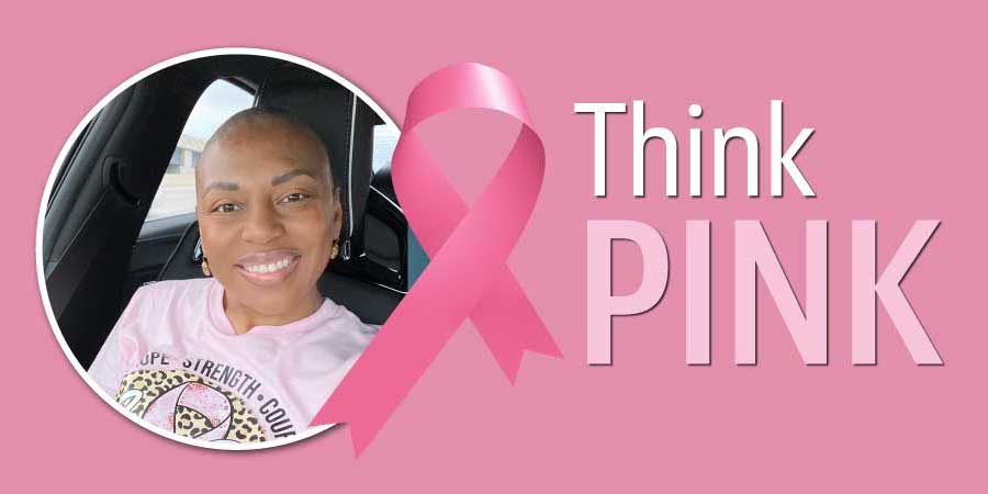 pink "think pink" banner image that features a bright pink breast cancer awareness ribbon and a round photo frame with a headshot image of black, bald, smiling woman wearing a light pink breast cancer shirt