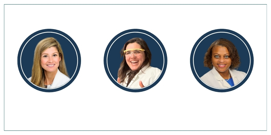 three headshots of female faculty members wearing white coats and smiling. the headshots are in round frames with a dark navy background