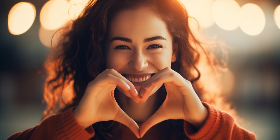 AI generated image of a woman with curly hair holding her hands in front of her in a heart shape