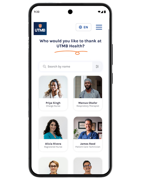 Mobile screen asking who to thank at UTMB Health, featuring a search field and staff directory with employee photos and titles.
