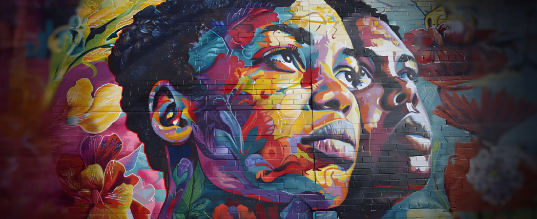 Colorful mural of two young black people staring into distance