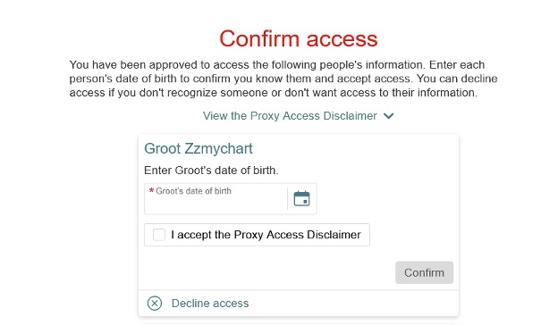 Screenshot of New Proxy Confirmation Workflow in MyChart