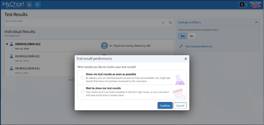 Screenshot of Test Result Preferences screen