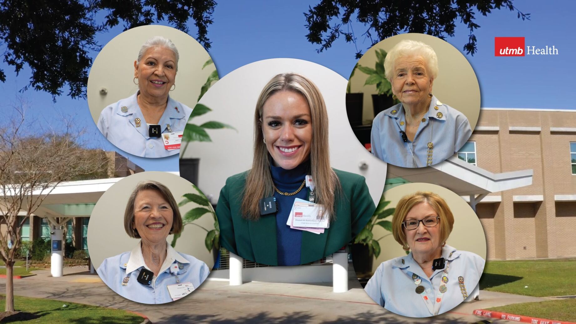 Graphic collage showing five circular portrait photos arranged around a central portrait, set over an exterior view of a hospital building with trees and walkways. A UTMB Health logo appears in the top right corner.