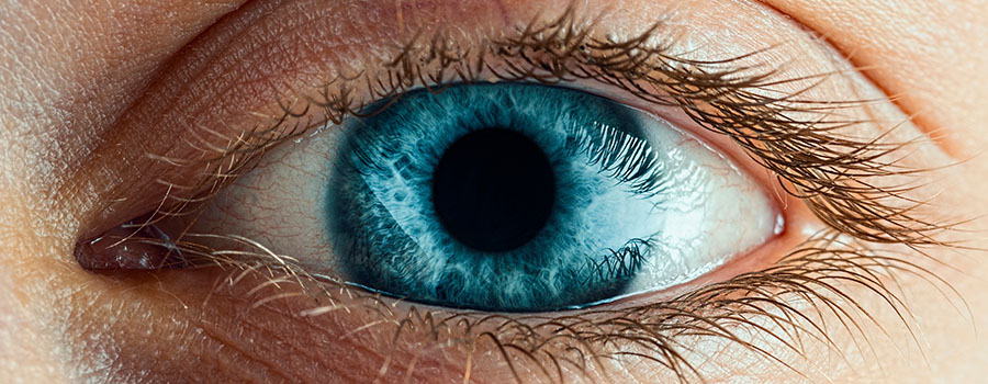 A close-up of a blue eye showing detailed iris texture, representing vision health and eye care. 