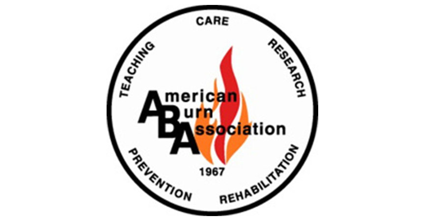 Circular American Burn Association logo featuring a stylized red‑and‑orange flame at the center with the letters “ABA,” surrounded by the words Care, Research, Rehabilitation, Prevention, and Teaching around the border, with “1967” beneath the flame