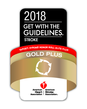 Get With The Guidelines–Stroke Gold Plus and Target: Stroke Elite Plus award badge from the American Heart Association and American Stroke Association.