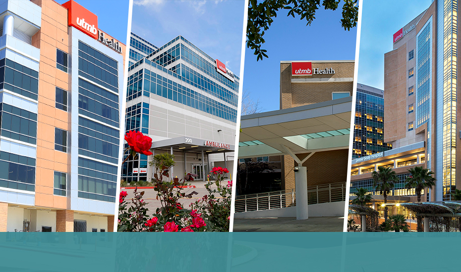 Collage of four UTMB Health buildings shown from different exterior angles.