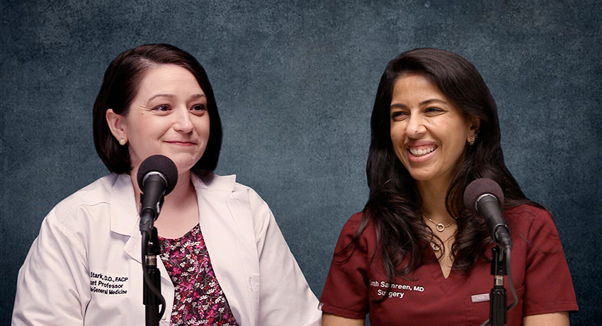 Two clinicians seated side by side at microphones against a studio backdrop, one wearing a white lab coat and the other wearing maroon scrubs. Both face forward participating in a podcast.