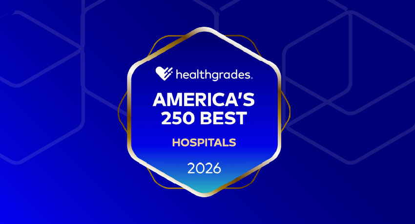 Blue badge graphic with the Healthgrades logo and the text ‘America’s 250 Best Hospitals 2026.