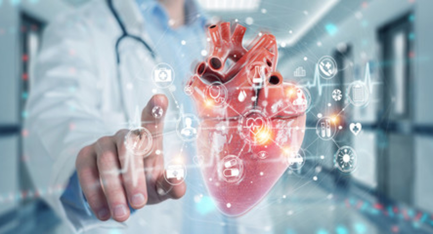A medical professional in a white coat gestures toward a three-dimensional digital model of a human heart floating in a hospital hallway.