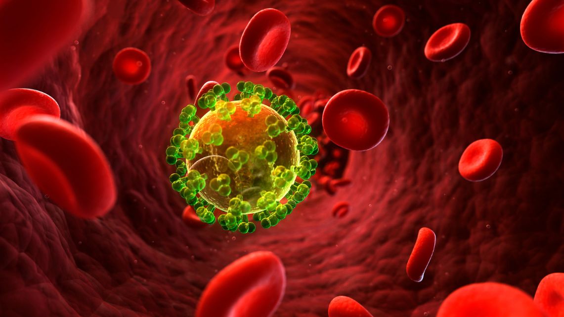 An image of a green HIV on a red background