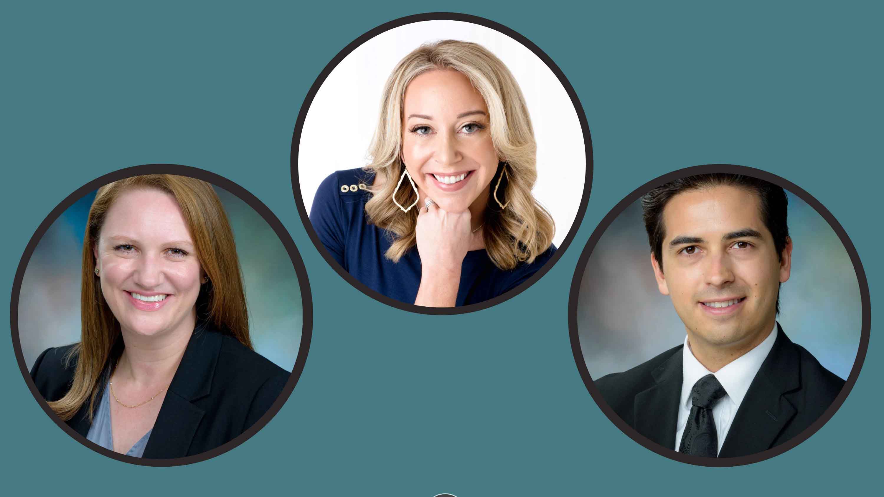 Three circular headshots displayed on a teal background show two UTMB child psychologists and a Houston Moms host as part of a discussion on helping children cope with traumatic events and disasters