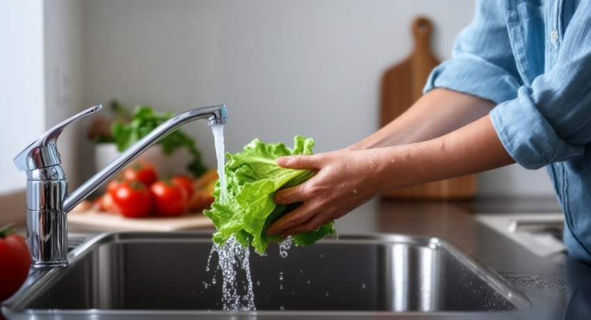 Hands rinse a head of leafy green lettuce under running water in a kitchen sink while fresh vegetables sit nearby on a countertop. Thoroughly washing produce and practicing good hand hygiene can help reduce the risk of Cyclospora infection.