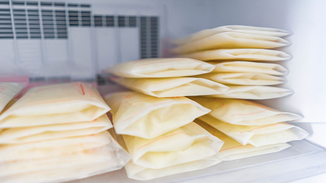 Bags of breast milk in a refrigerator