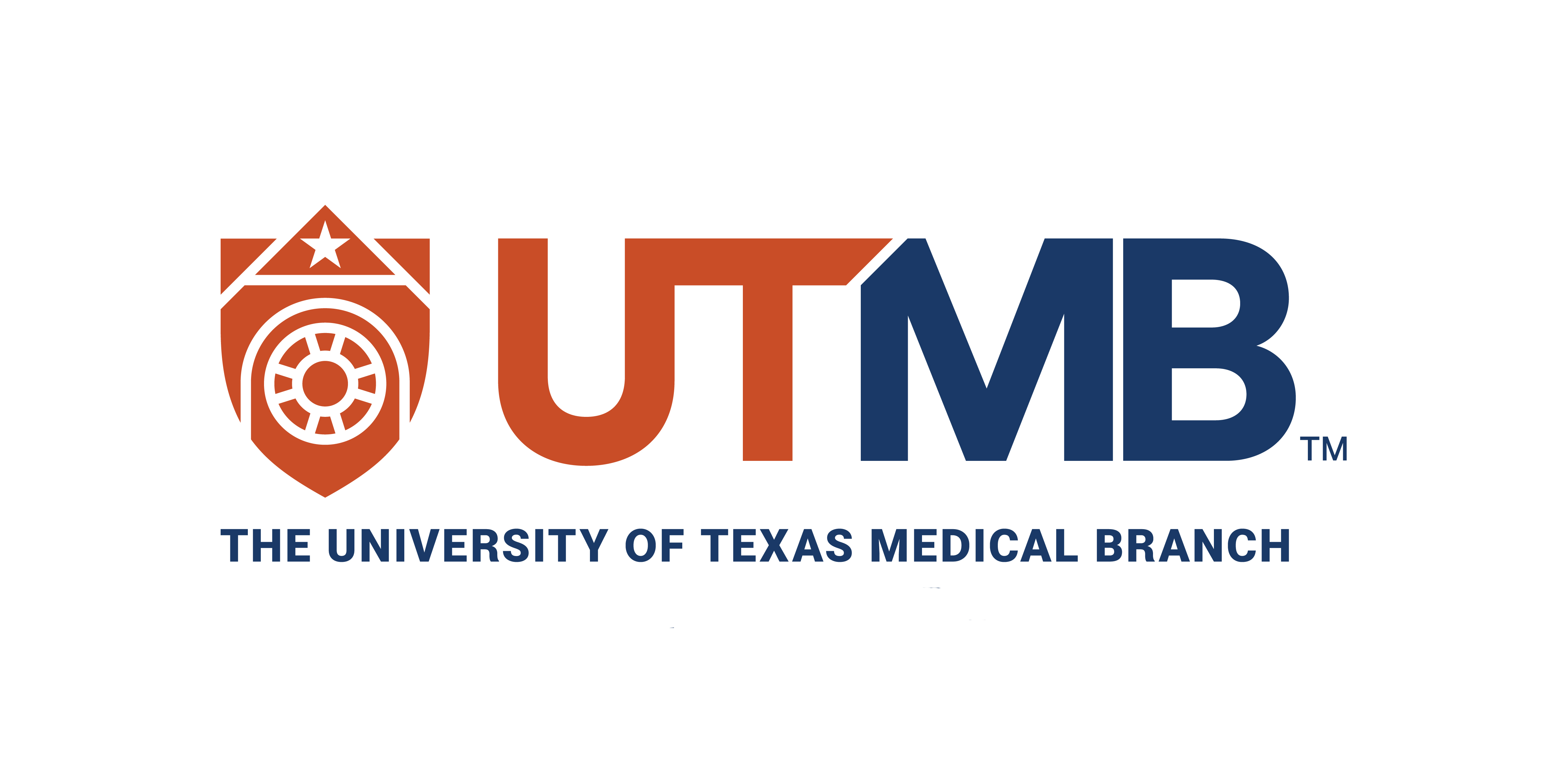 UTMB logo featuring an orange shield inspired by the historic Ashbel Smith Building paired with blue and orange lettering reading “UTMB” and “The University of Texas Medical Branch,” representing the institution’s refreshed brand identity