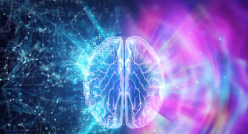 Digital illustration of a human brain with glowing neural pathways, split between a blue network of connected nodes on the left and a pink, radiant light on the right.