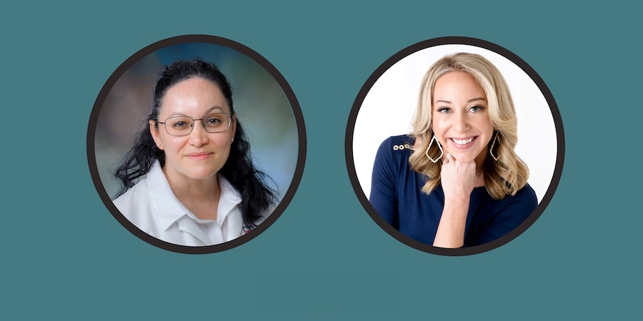 headshot image of utmb obgyn dr. carpio-solis alongside a headshot of meagan clanahan from houston moms, both featured in round frames above a standard play button on a dark teal background